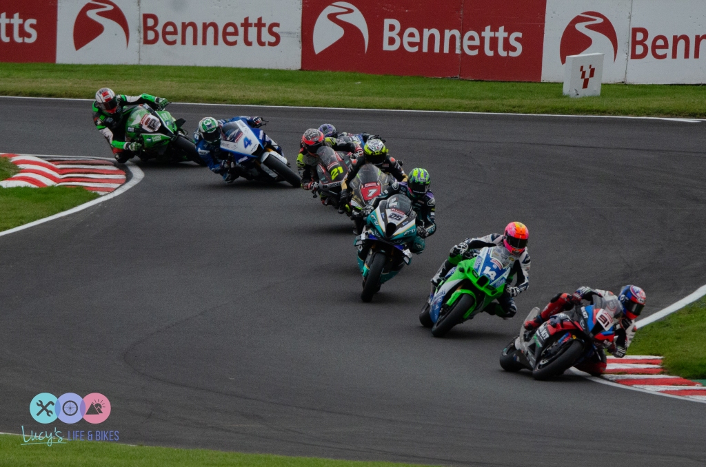 Motorbike riders cornering at the Bennet's British Superbikes Round 9 at Oulton Park